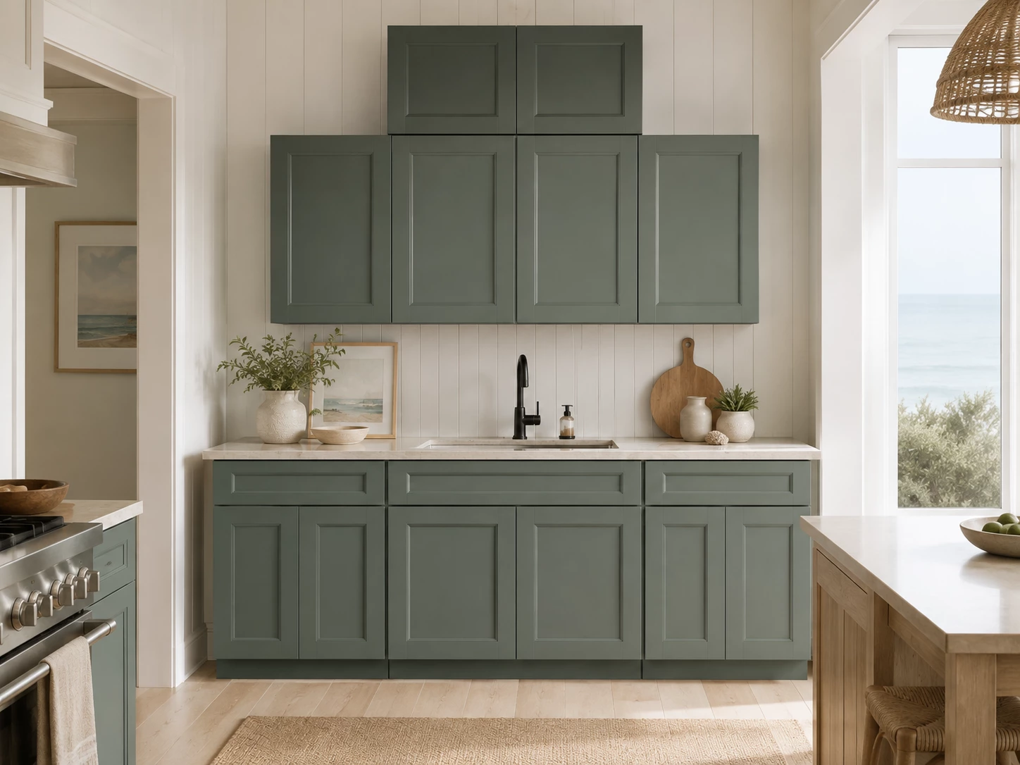 Green kitchen cabinets in a craftsman style kitchen in Cleveland, Ohio