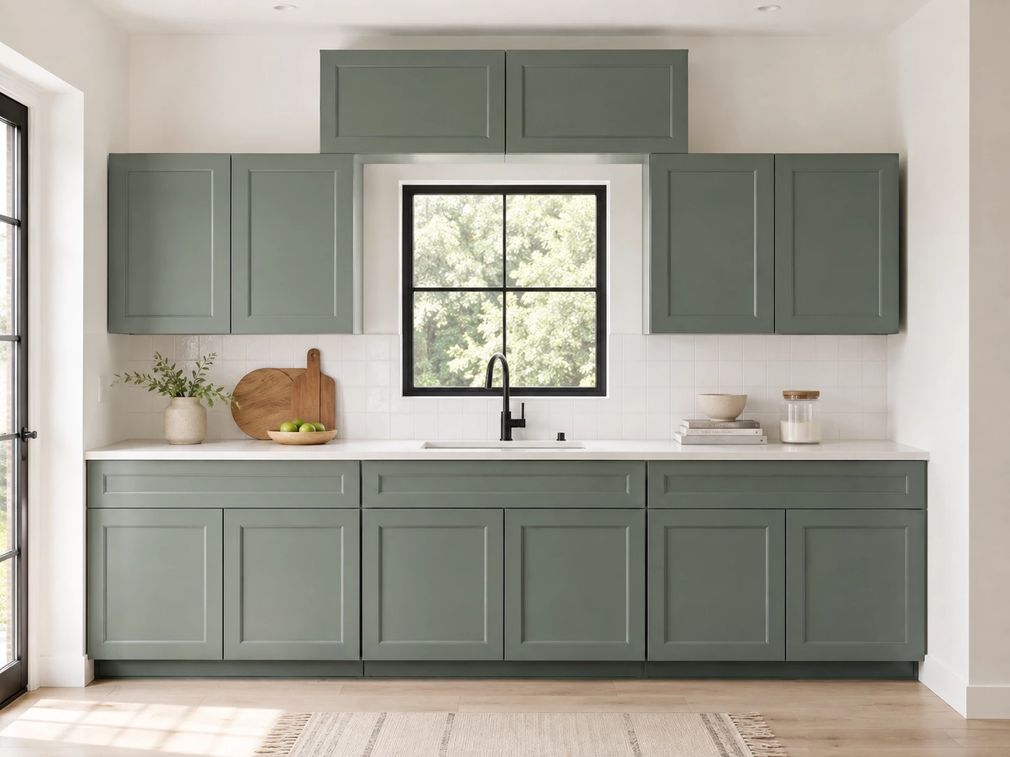 Sage green kitchen cabinets around a window sink in Cleveland, Ohio