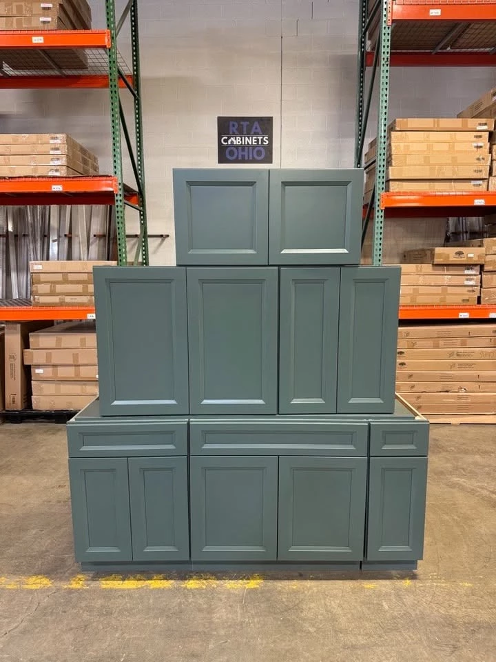 Green kitchen cabinet package for a 96 inch kitchen run in Cleveland, Ohio