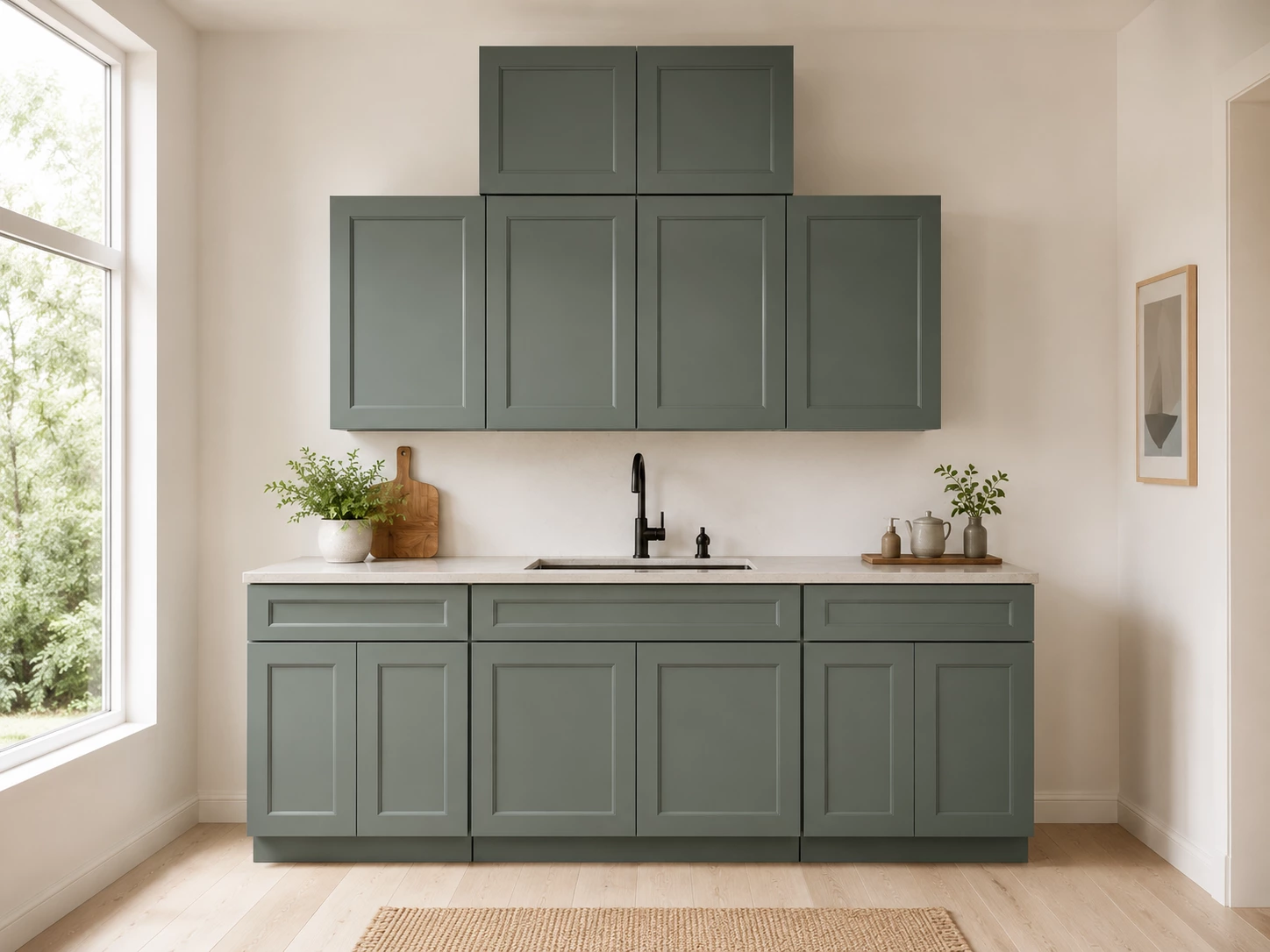 Green kitchen cabinets in a modern farmhouse kitchen in Cleveland, Ohio