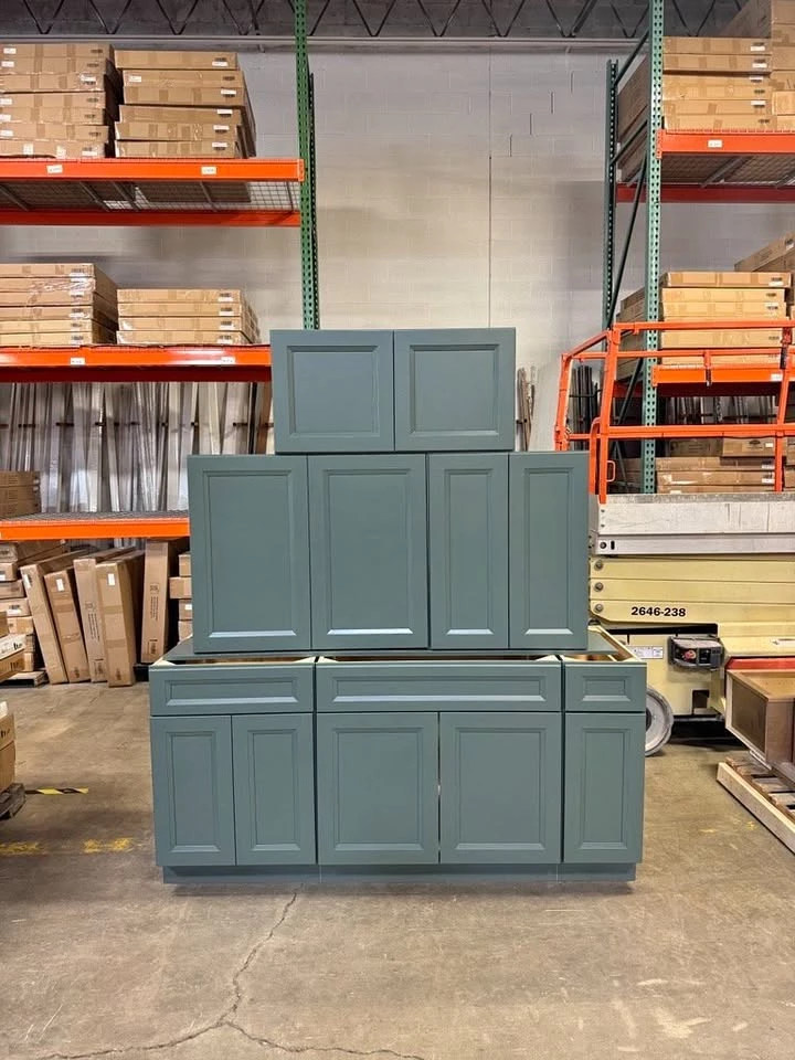 Front view of the green ready-to-assemble kitchen cabinet set in Cleveland, Ohio