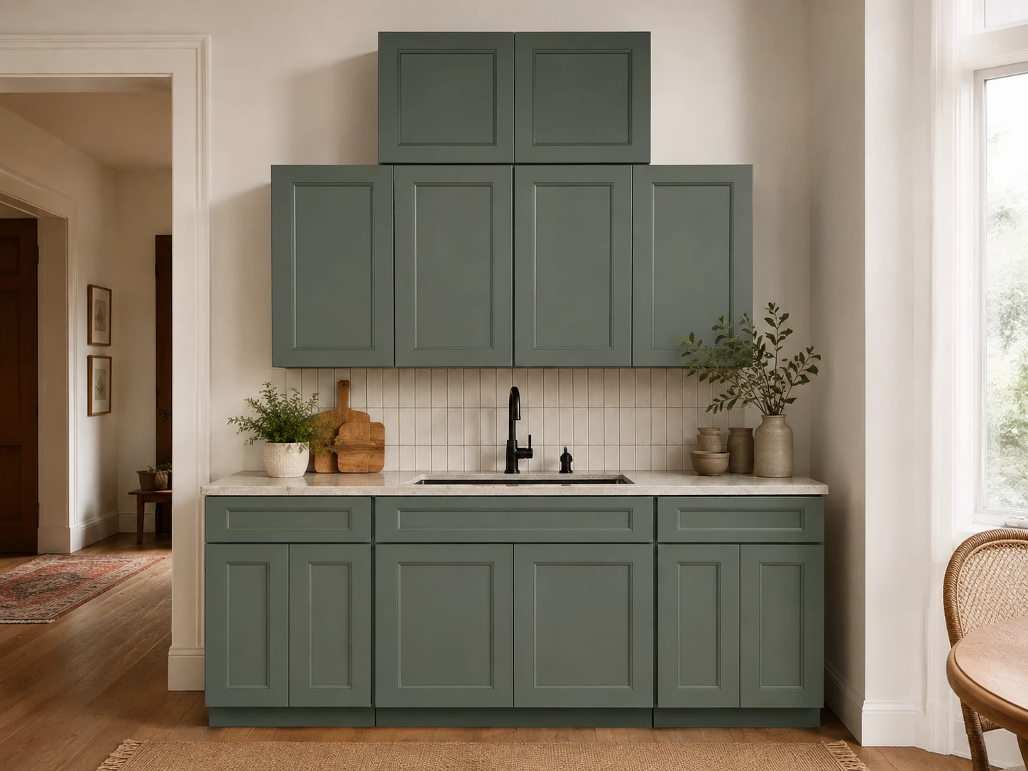 Green kitchen cabinet set in a Scandinavian style kitchen in Cleveland, Ohio