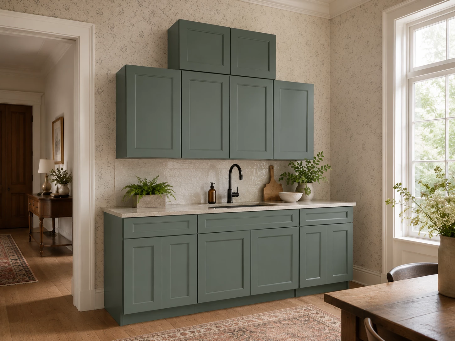 Green kitchen cabinet set in a traditional kitchen in Cleveland, Ohio