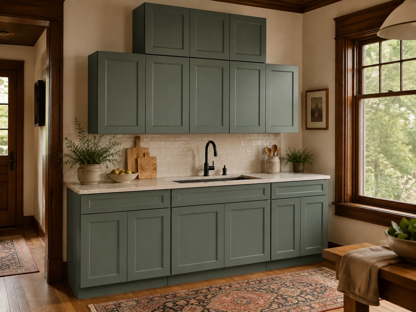 Green kitchen cabinets in a coastal kitchen design in Cleveland, Ohio