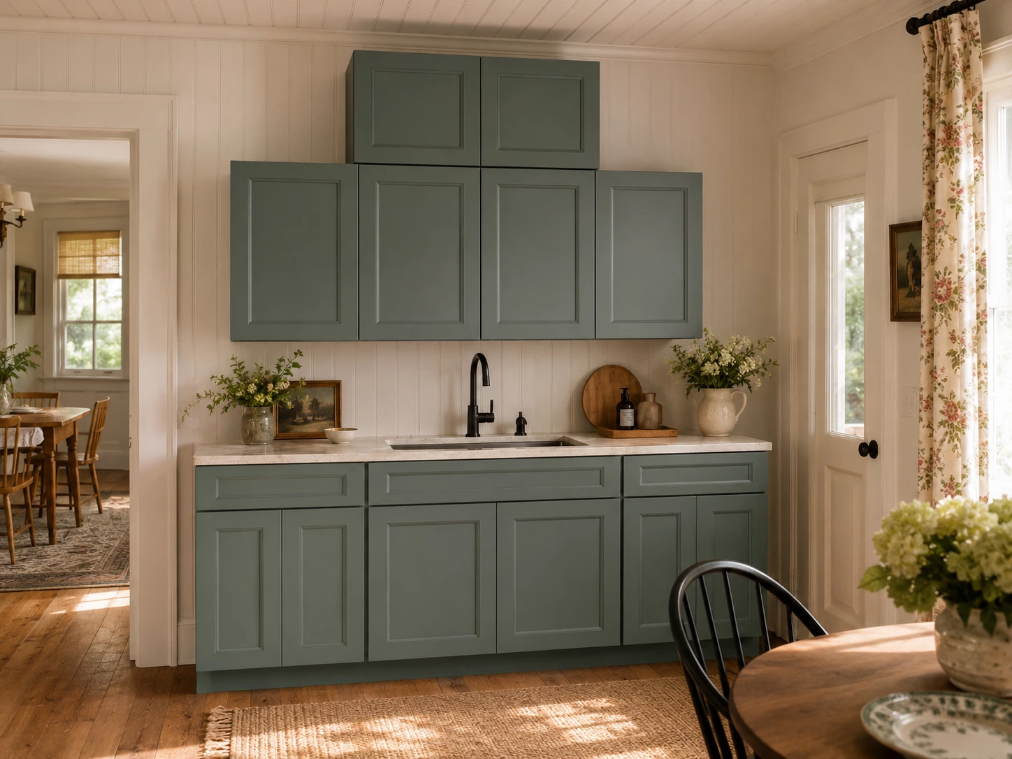 Green kitchen cabinets in a country cottage kitchen in Cleveland, Ohio