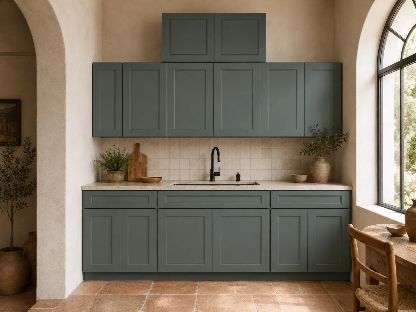 Green kitchen cabinets in a Mediterranean style kitchen in Cleveland, Ohio