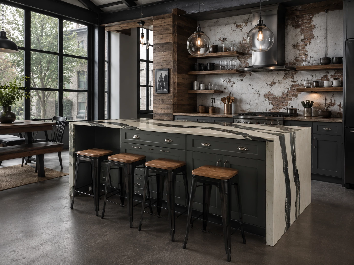 Showroom display kitchen island with quartz waterfall ends in Cleveland, Ohio