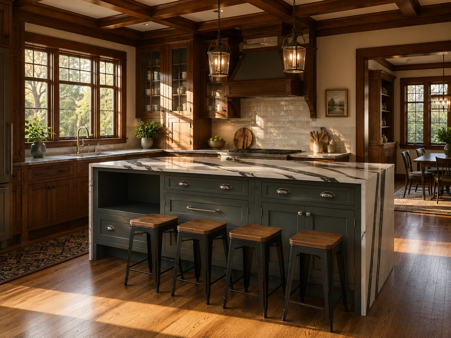 Transitional kitchen island with a waterfall countertop in Cleveland, Ohio