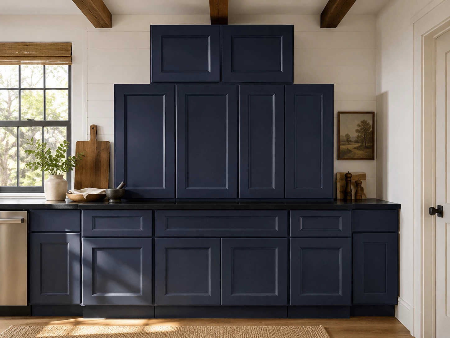 Transitional Navy Shaker cabinet kitchen design in Cleveland, Ohio