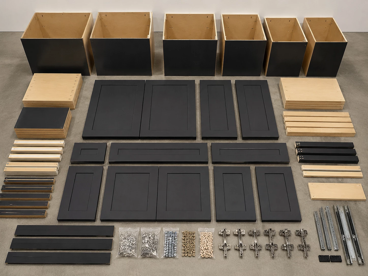 Unassembled Black Shaker RTA kitchen cabinet set, flat packed at the Cleveland warehouse