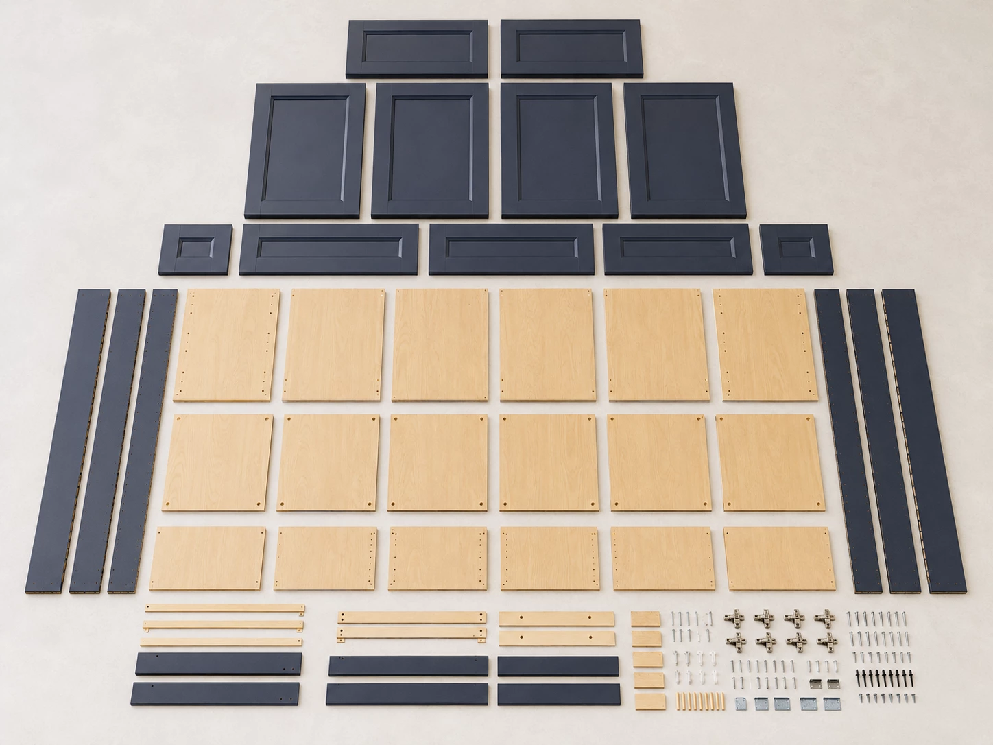 Unassembled Navy Blue RTA cabinet parts and hardware at the Cleveland warehouse