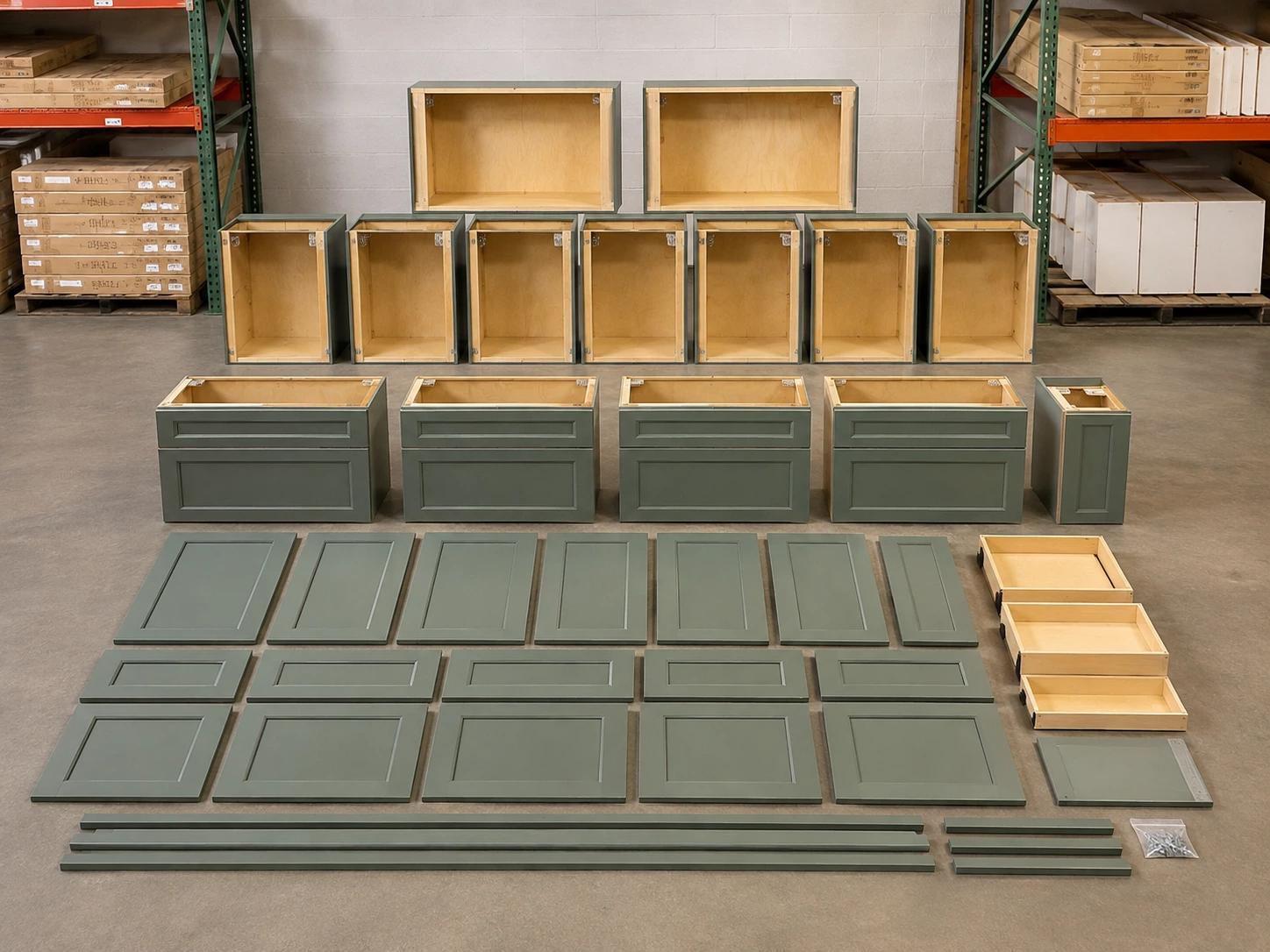 Unassembled green ready-to-assemble kitchen cabinet set at the Cleveland warehouse