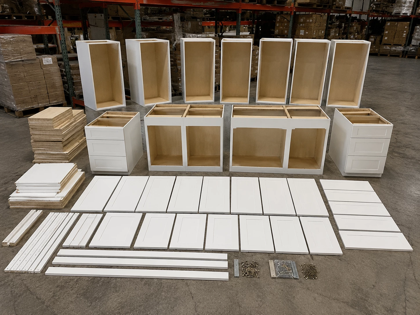 Unassembled White Shaker cabinet set and parts flat packed at the Cleveland warehouse