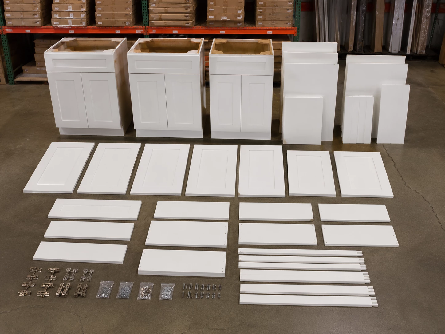 Unassembled White Shaker RTA kitchen cabinet set at the Cleveland warehouse