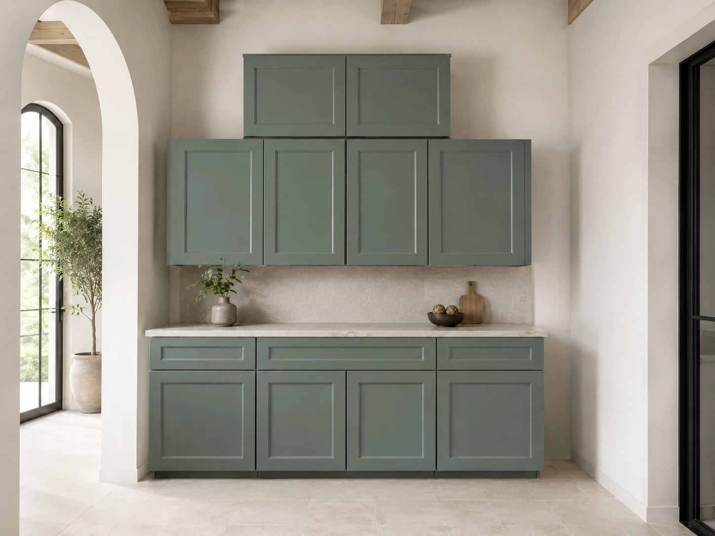 Warm farmhouse kitchen with sage green cabinets in Cleveland, Ohio