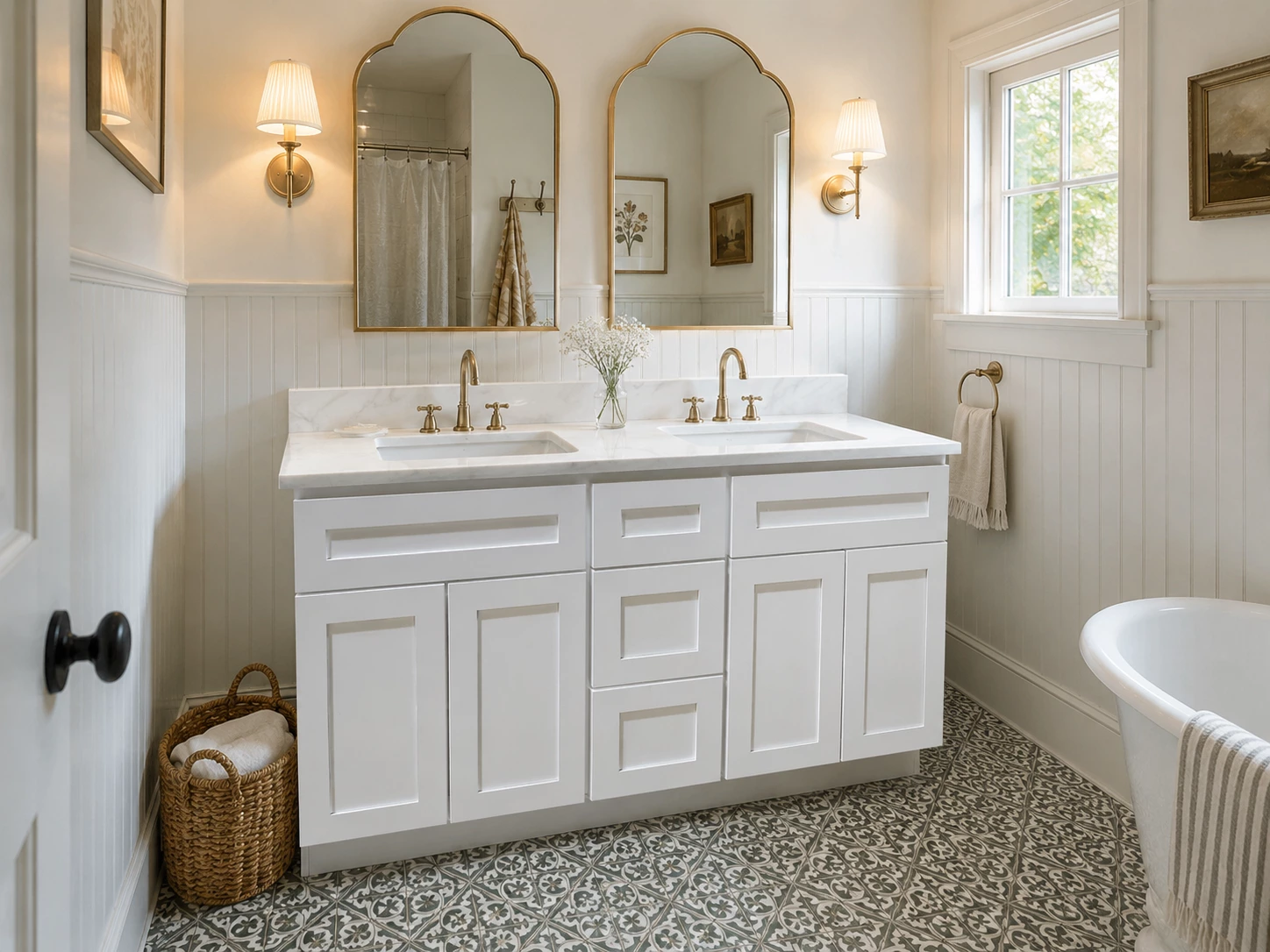 White double vanity in a cottage style bathroom in Cleveland, Ohio