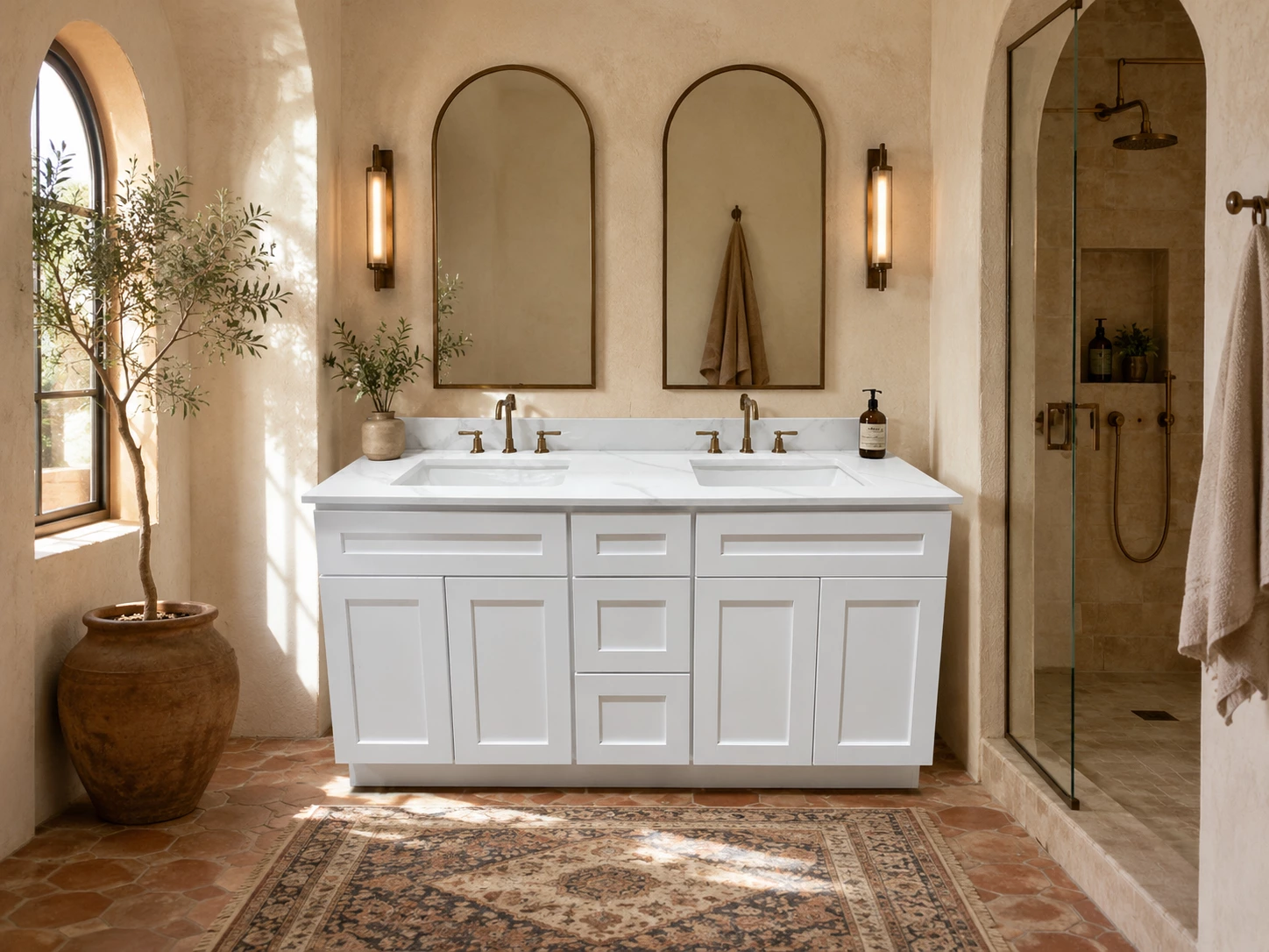 White double sink bathroom vanity in a Mediterranean bathroom in Cleveland, Ohio