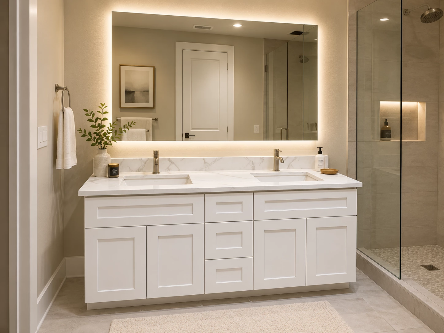 White double sink vanity in a transitional bathroom in Cleveland, Ohio