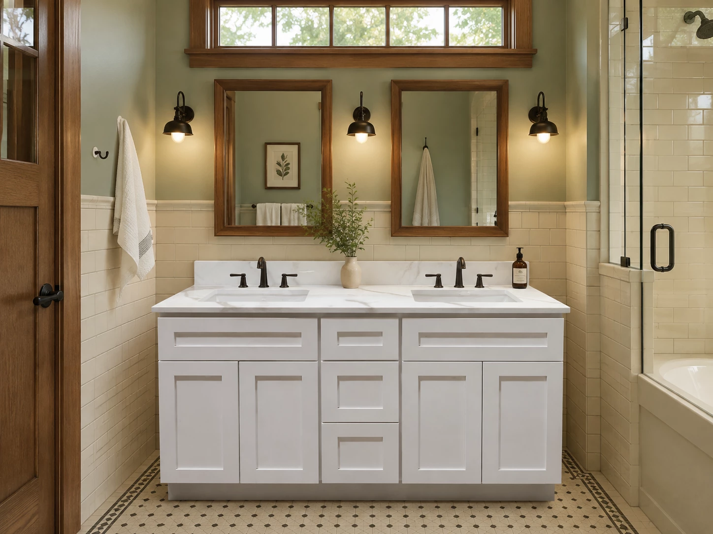 White double vanity cabinet in a craftsman style bathroom in Cleveland, Ohio