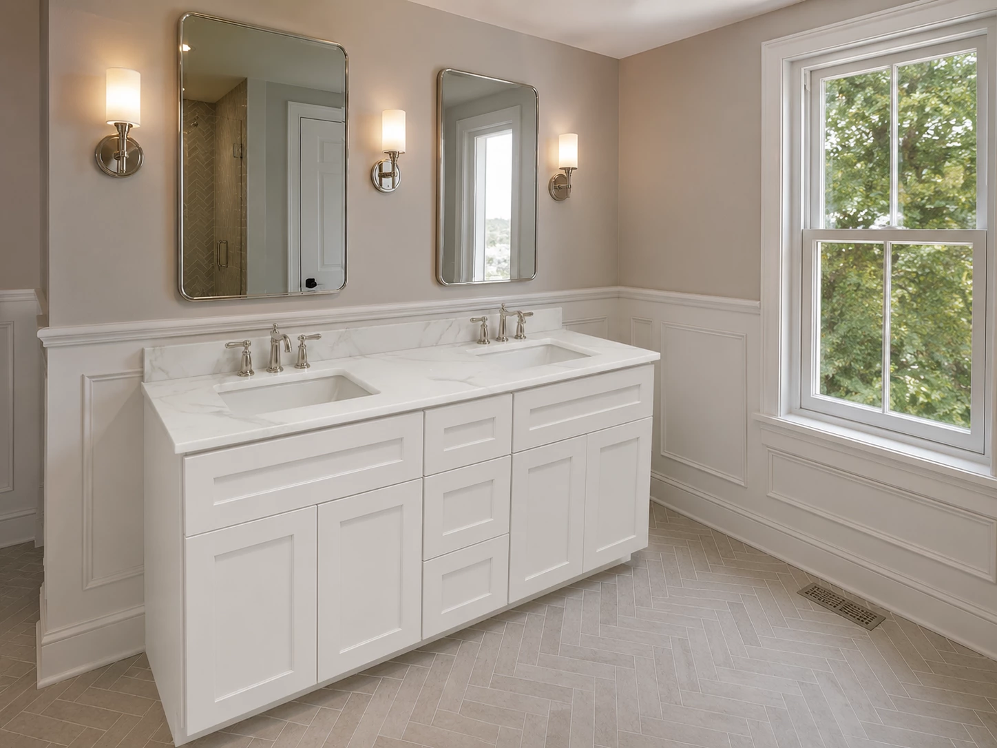 White Shaker bathroom vanity in a coastal inspired bathroom in Cleveland, Ohio