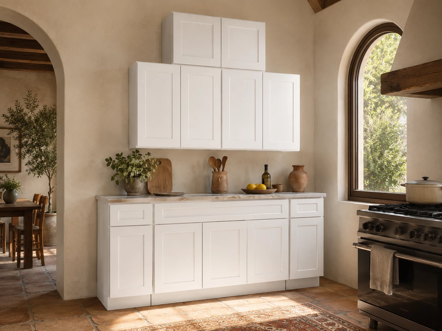 White Shaker cabinet set in a Mediterranean kitchen in Cleveland, Ohio