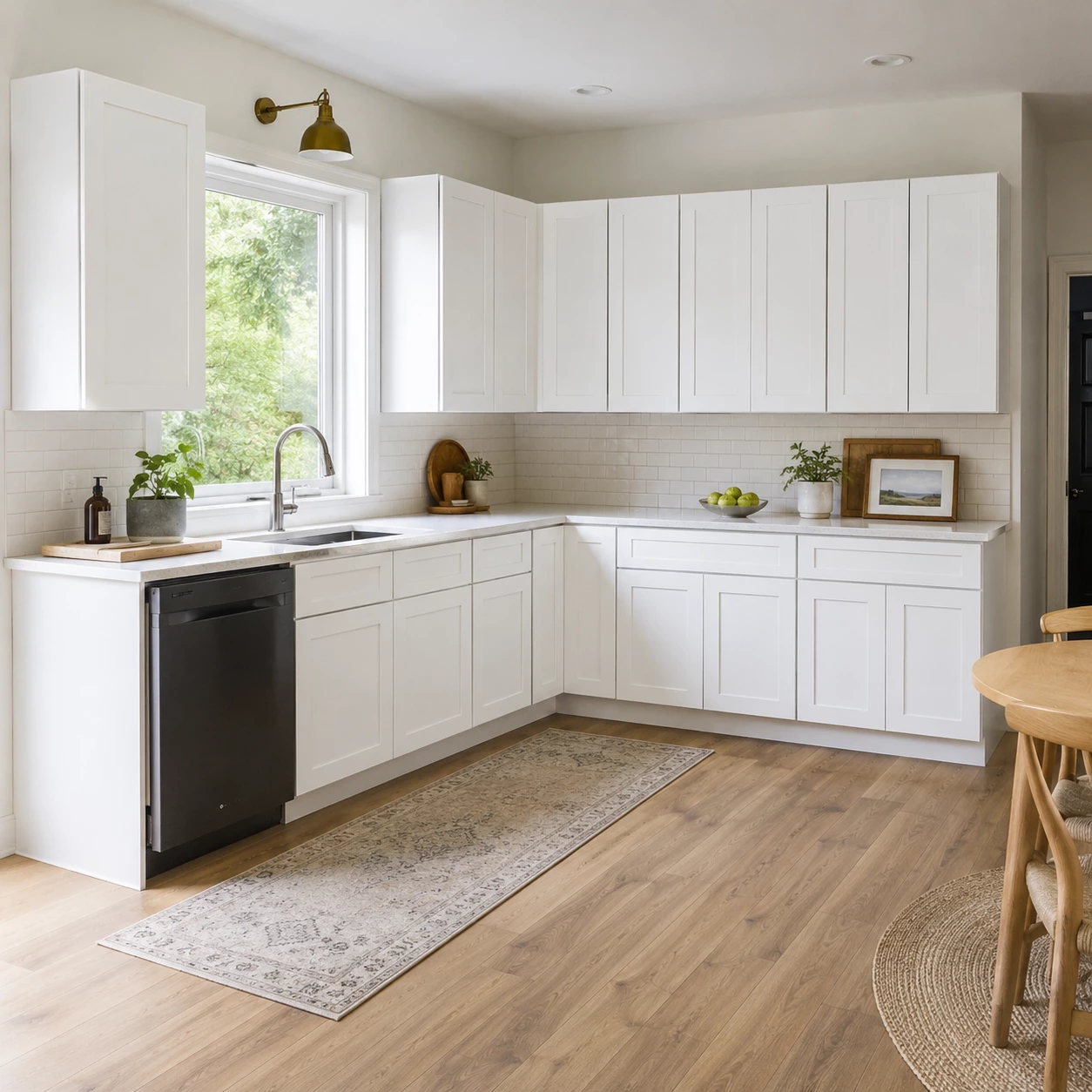 White Shaker cabinets in a bright L-shaped kitchen in Cleveland, Ohio