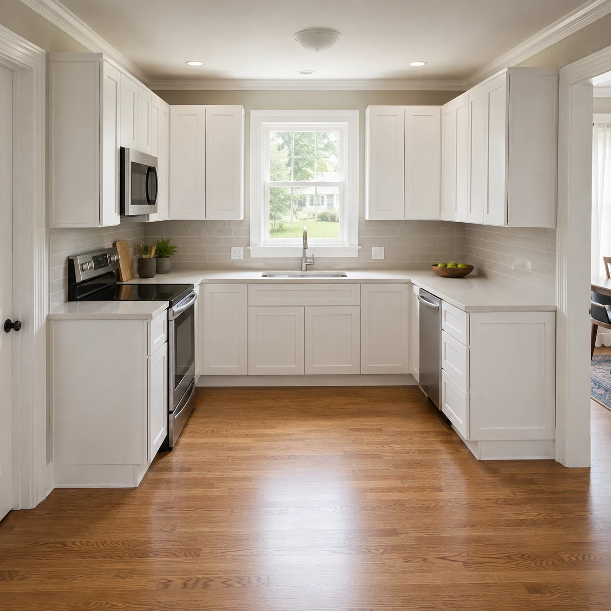 White Shaker cabinets in a U-shaped kitchen in Cleveland, Ohio