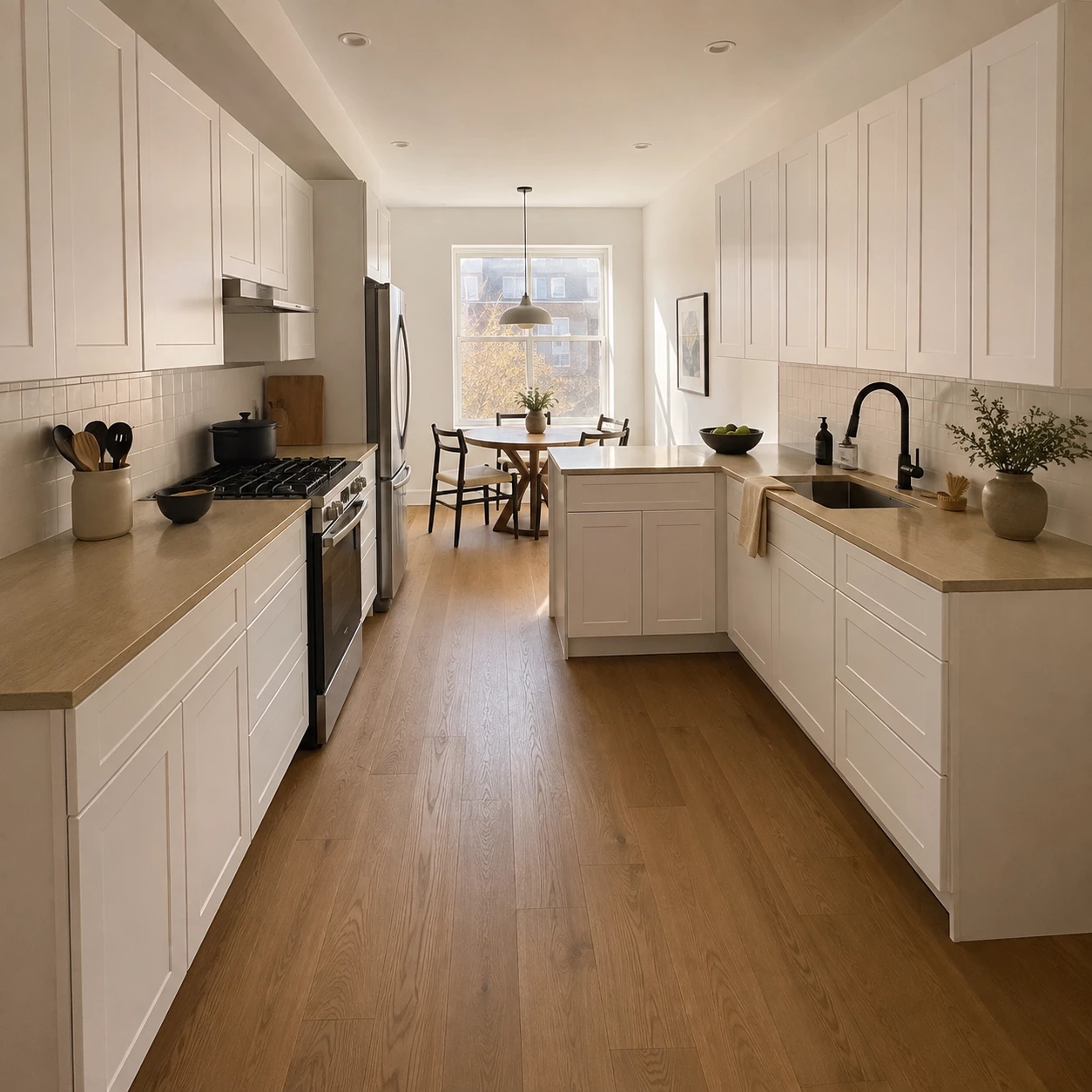 White Shaker cabinets in a galley kitchen in Cleveland, Ohio