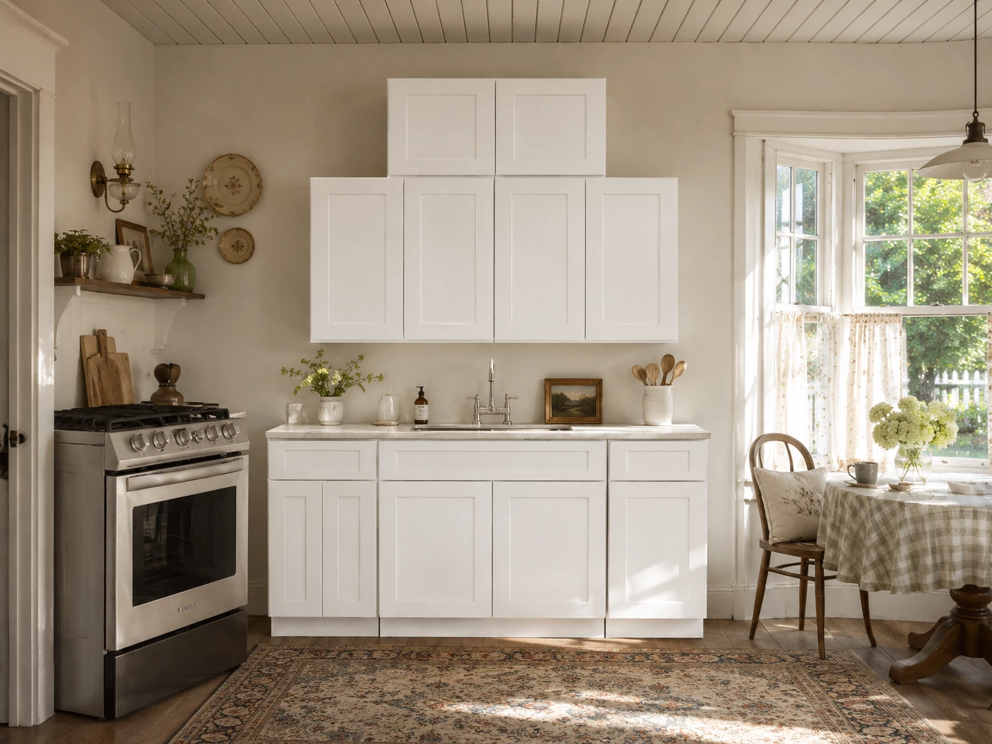 White Shaker cabinets in a country cottage kitchen in Cleveland, Ohio