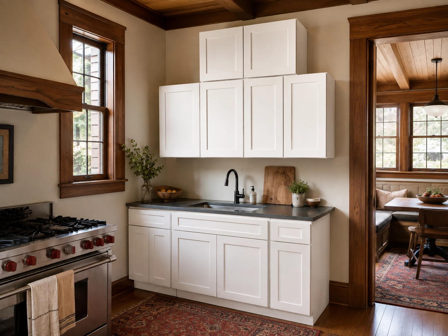 White Shaker cabinets in a craftsman style kitchen in Cleveland, Ohio