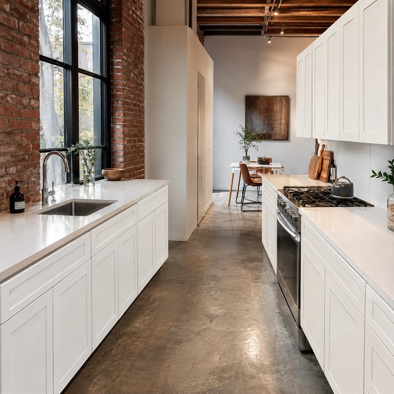 White Shaker cabinets in a galley kitchen with dark fixtures in Cleveland, Ohio