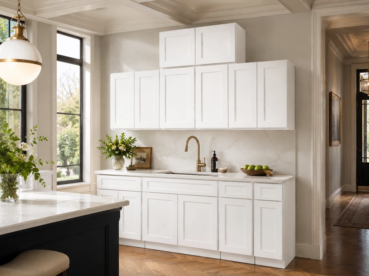 White Shaker cabinets in a transitional kitchen in Cleveland, Ohio