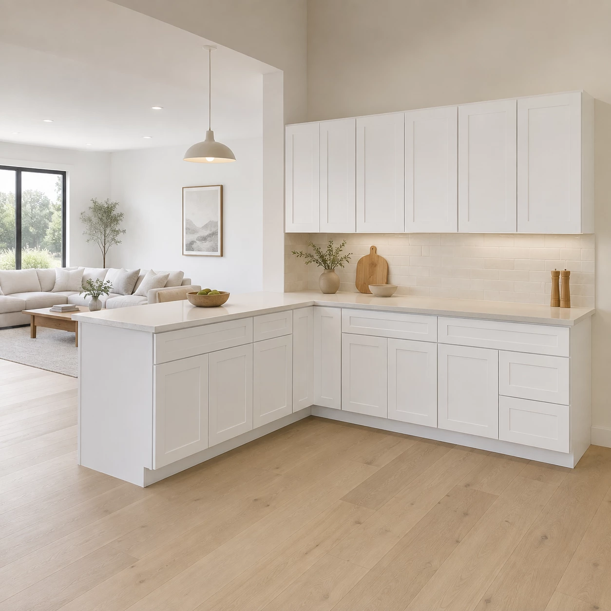 White Shaker cabinets in a bright open kitchen in Cleveland, Ohio