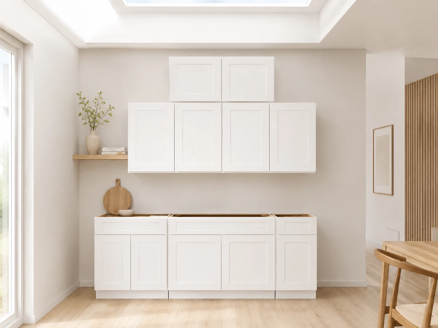 White Shaker cabinets in a Scandinavian style kitchen in Cleveland, Ohio