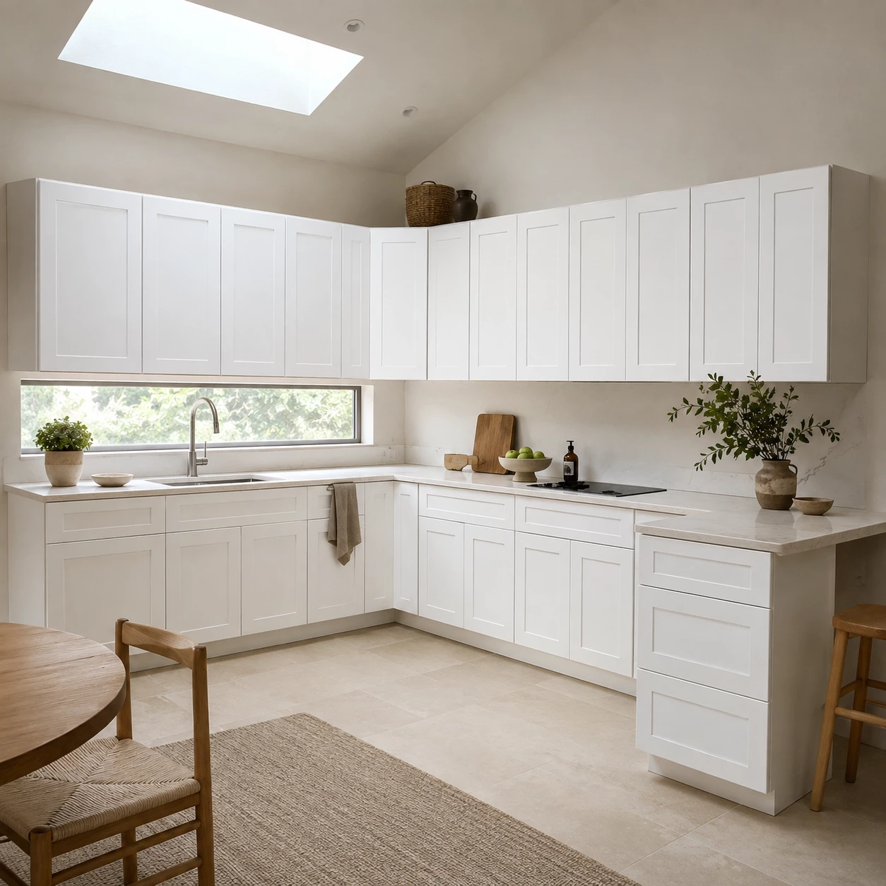 White Shaker cabinets in a corner kitchen with a skylight in Cleveland, Ohio