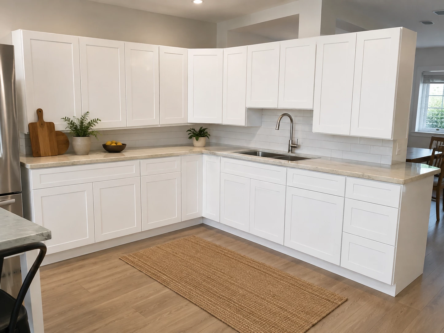 White Shaker cabinets in a kitchen with a peninsula layout in Cleveland, Ohio