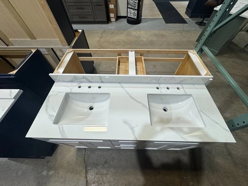 Front view of the 60 inch White Shaker double bathroom vanity in Cleveland, Ohio