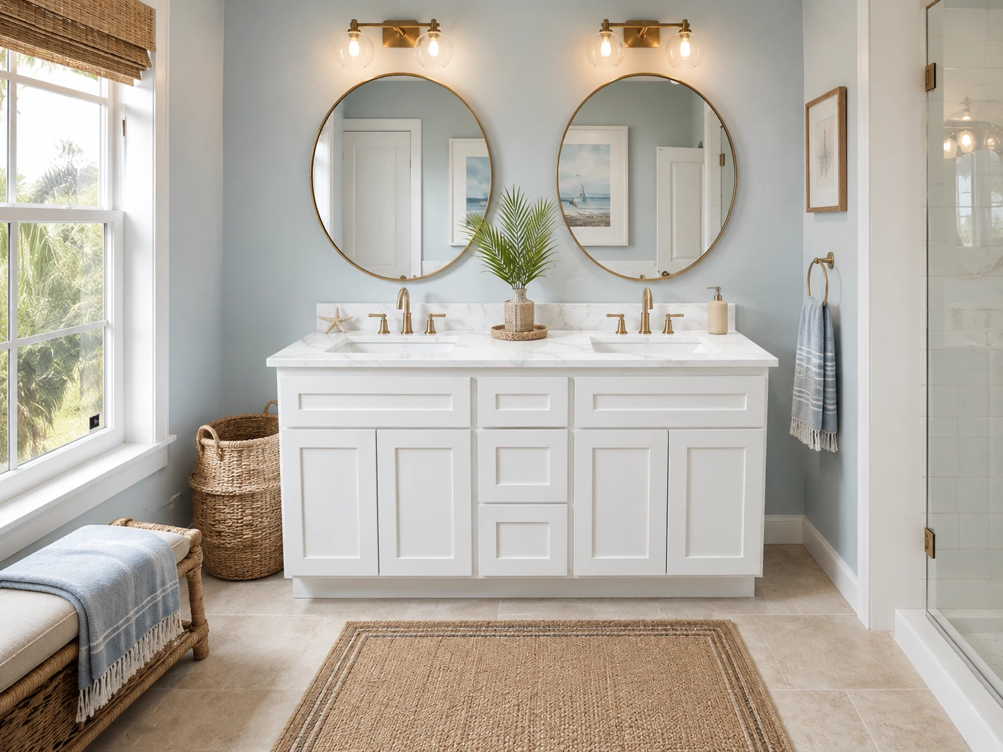 White Shaker double sink bathroom vanity in a modern farmhouse bathroom in Cleveland, Ohio