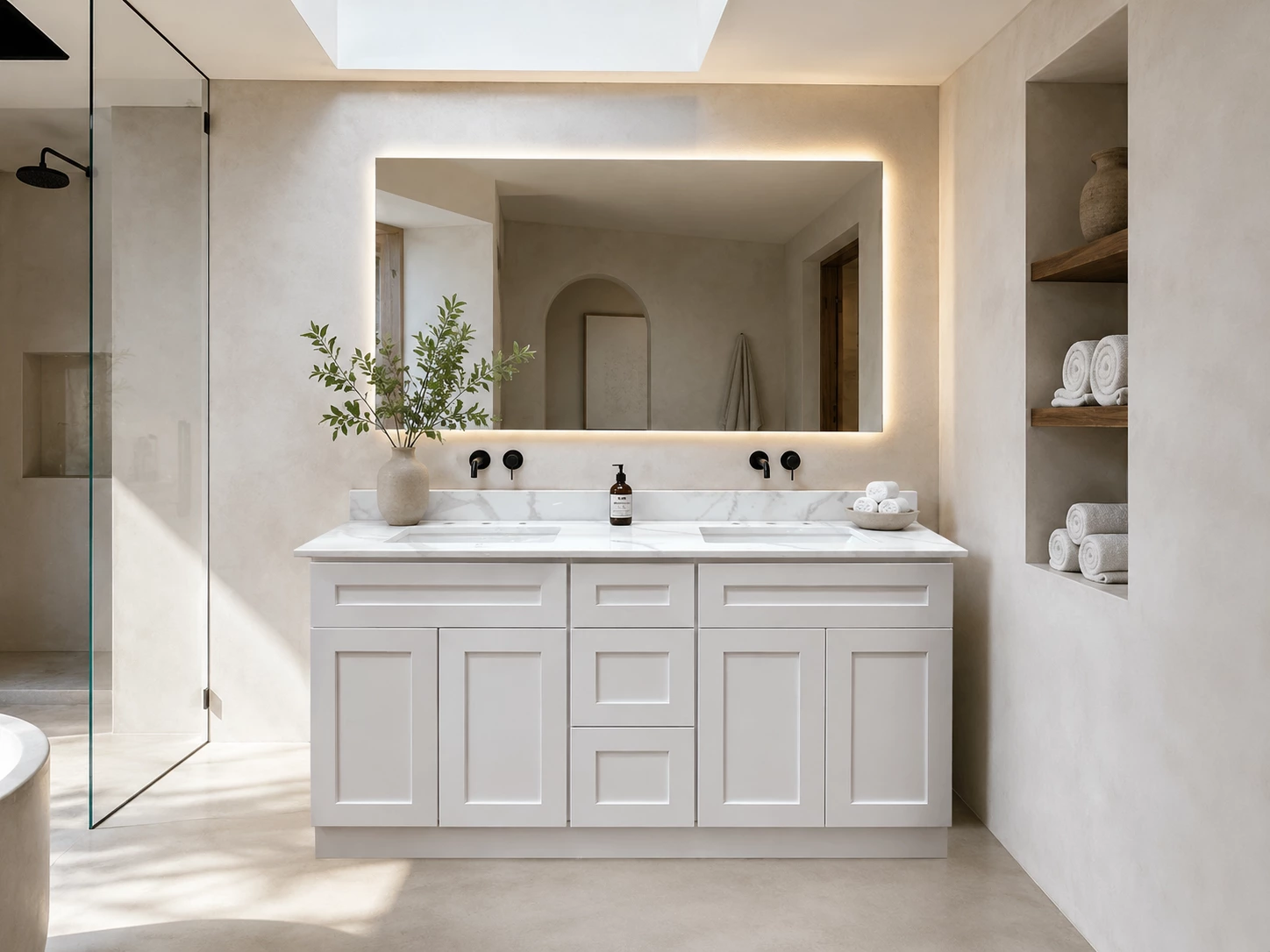 White Shaker double sink vanity in a minimalist spa bathroom in Cleveland, Ohio