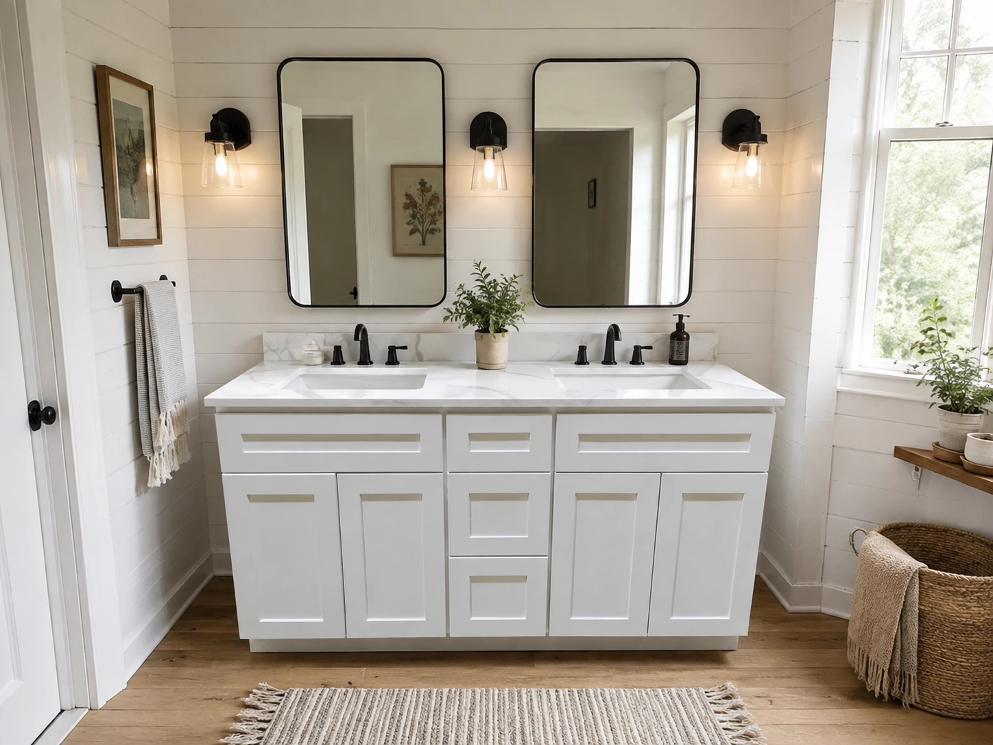 White Shaker double vanity cabinet in a contemporary spa bathroom in Cleveland, Ohio