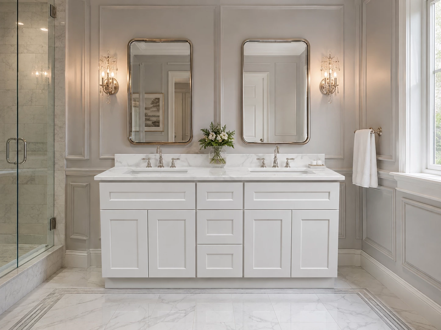 White Shaker double vanity in a traditional bathroom in Cleveland, Ohio