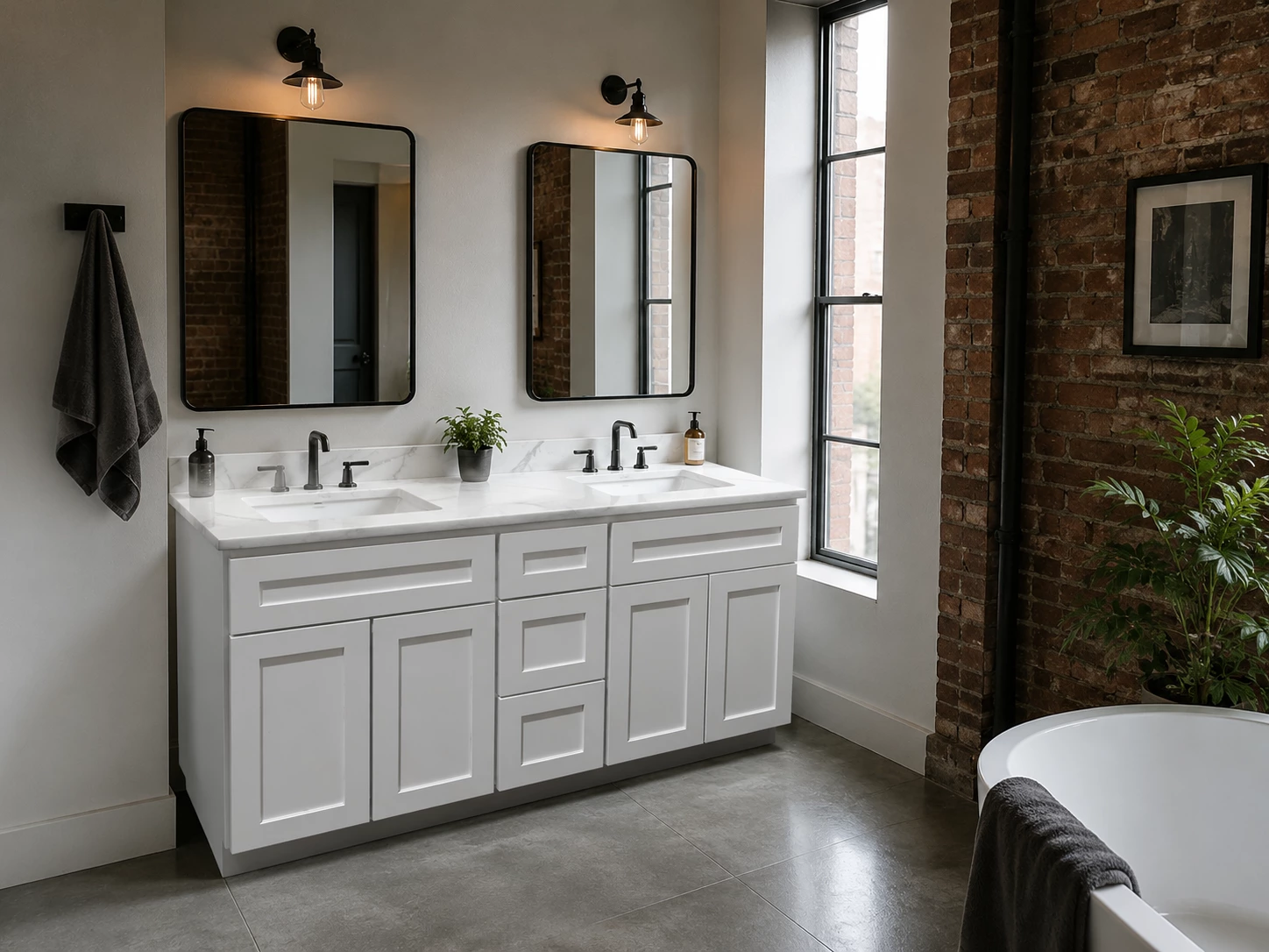 White Shaker double vanity in an industrial loft bathroom in Cleveland, Ohio