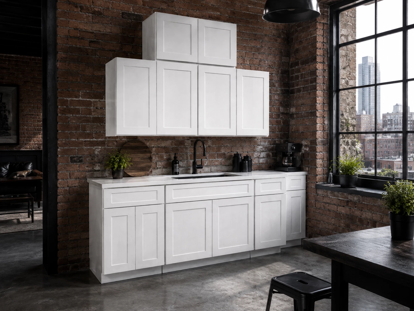 White Shaker kitchen cabinet set in an industrial loft in Cleveland, Ohio