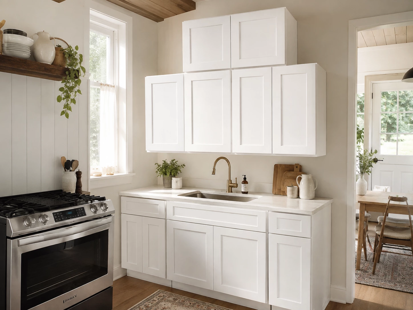 White Shaker kitchen cabinets in a modern farmhouse kitchen in Cleveland, Ohio