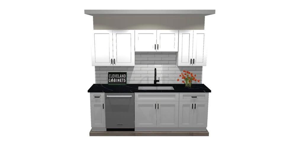 White Shaker RTA kitchen cabinet set on showroom display in Cleveland, Ohio