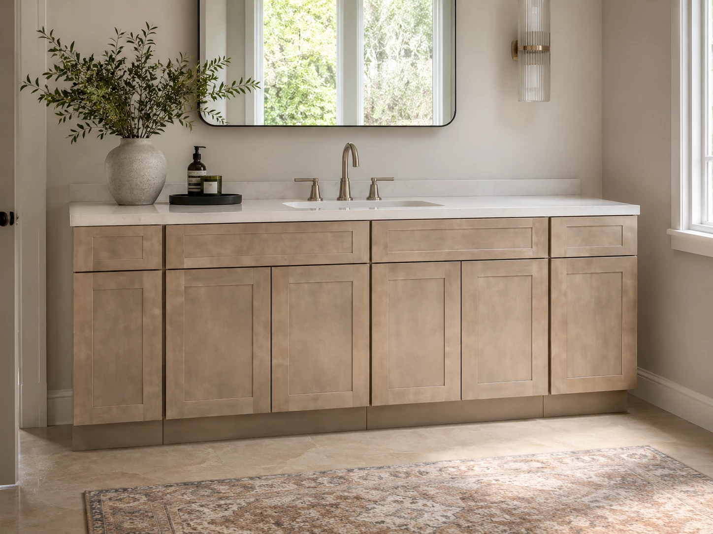 Fully assembled Driftwood Wood Stain base cabinet set at the Cleveland warehouse