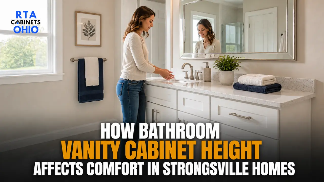 Bathroom vanity cabinets in Strongsville Westwood Farms shown at a comfortable counter height in a bright daylit bathroom