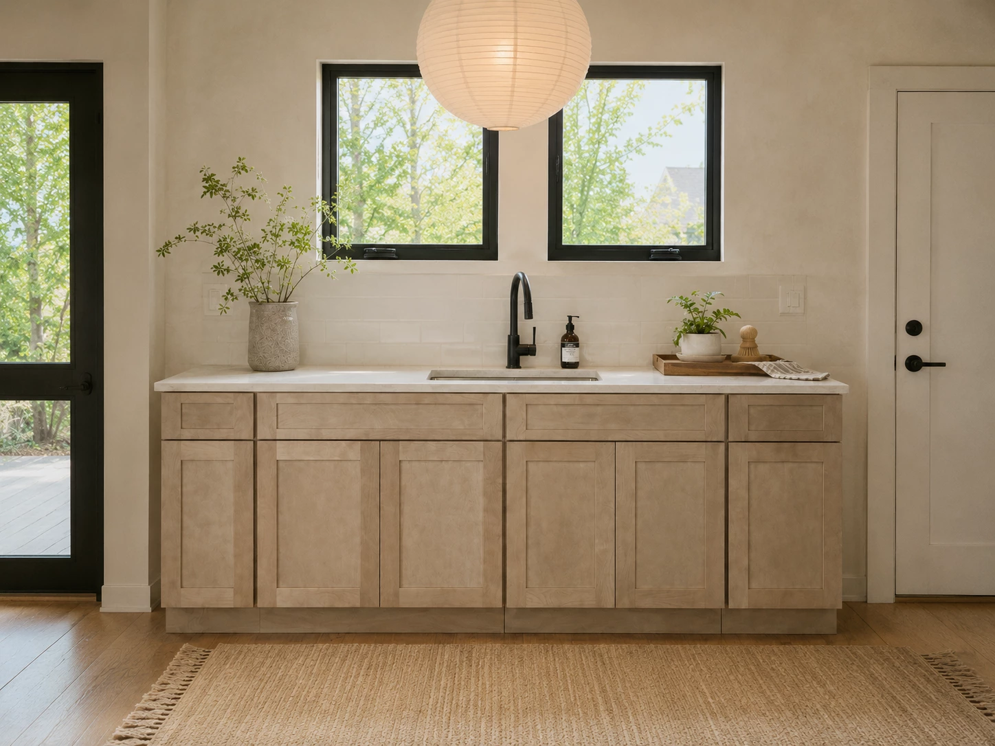 Driftwood stain shaker cabinets in a coastal style kitchen in Cleveland, Ohio