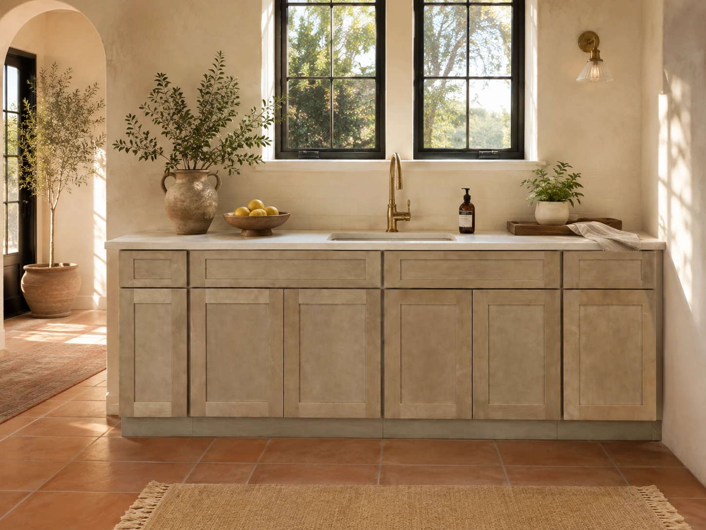 Driftwood stained cabinets in a cottage style kitchen in Cleveland, Ohio