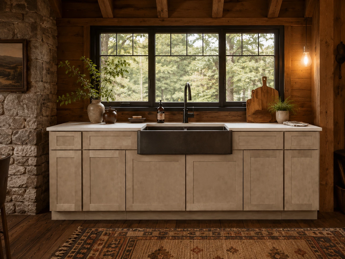 Driftwood stained shaker cabinets in a scandinavian style kitchen in Cleveland, Ohio